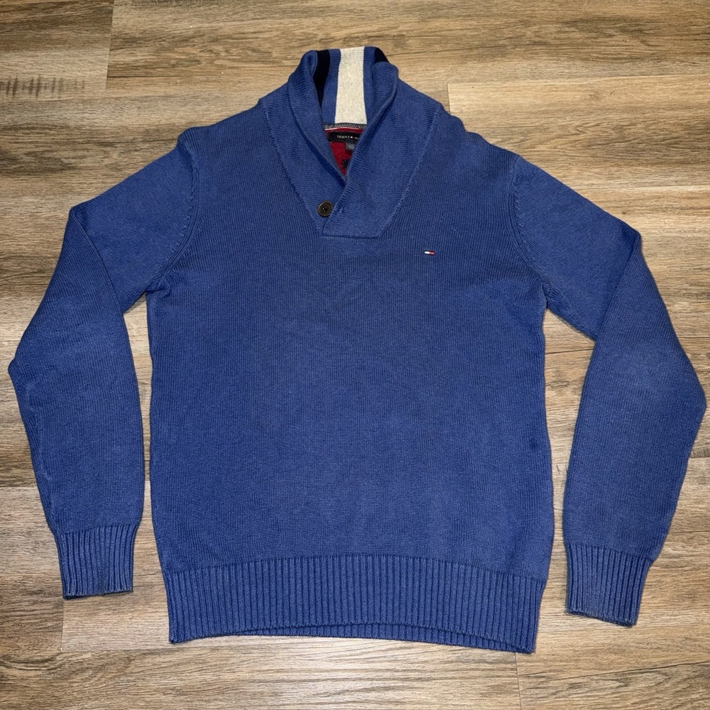 Tommy Hilfiger Sweater Mens Large Navy Shawl Collar 100% Cotton Pullover Preppy